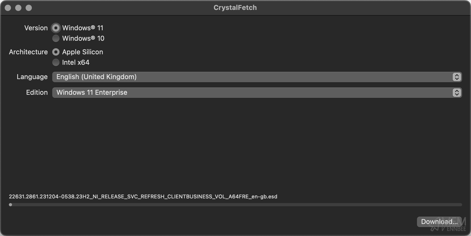 CrystalFetch downloading Windows 11 ARM