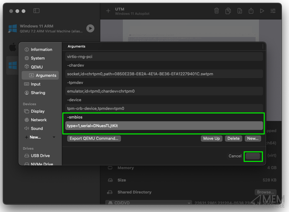 QEMU parameters for serial number