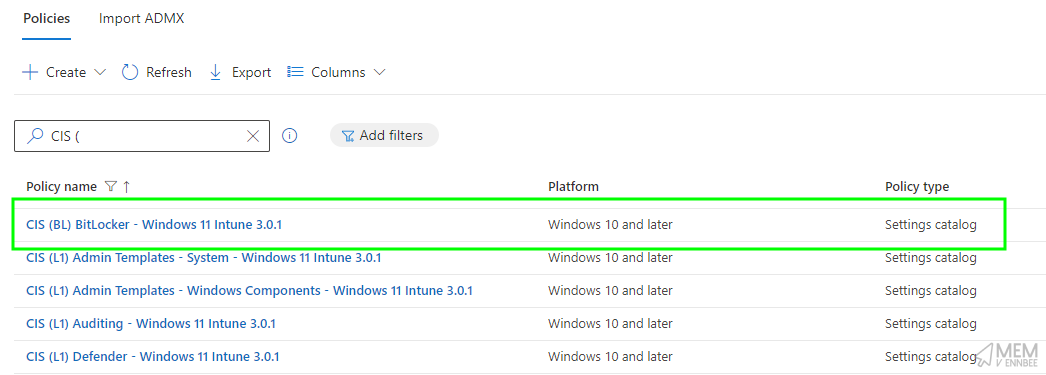 Imported CIS BitLocker profiles